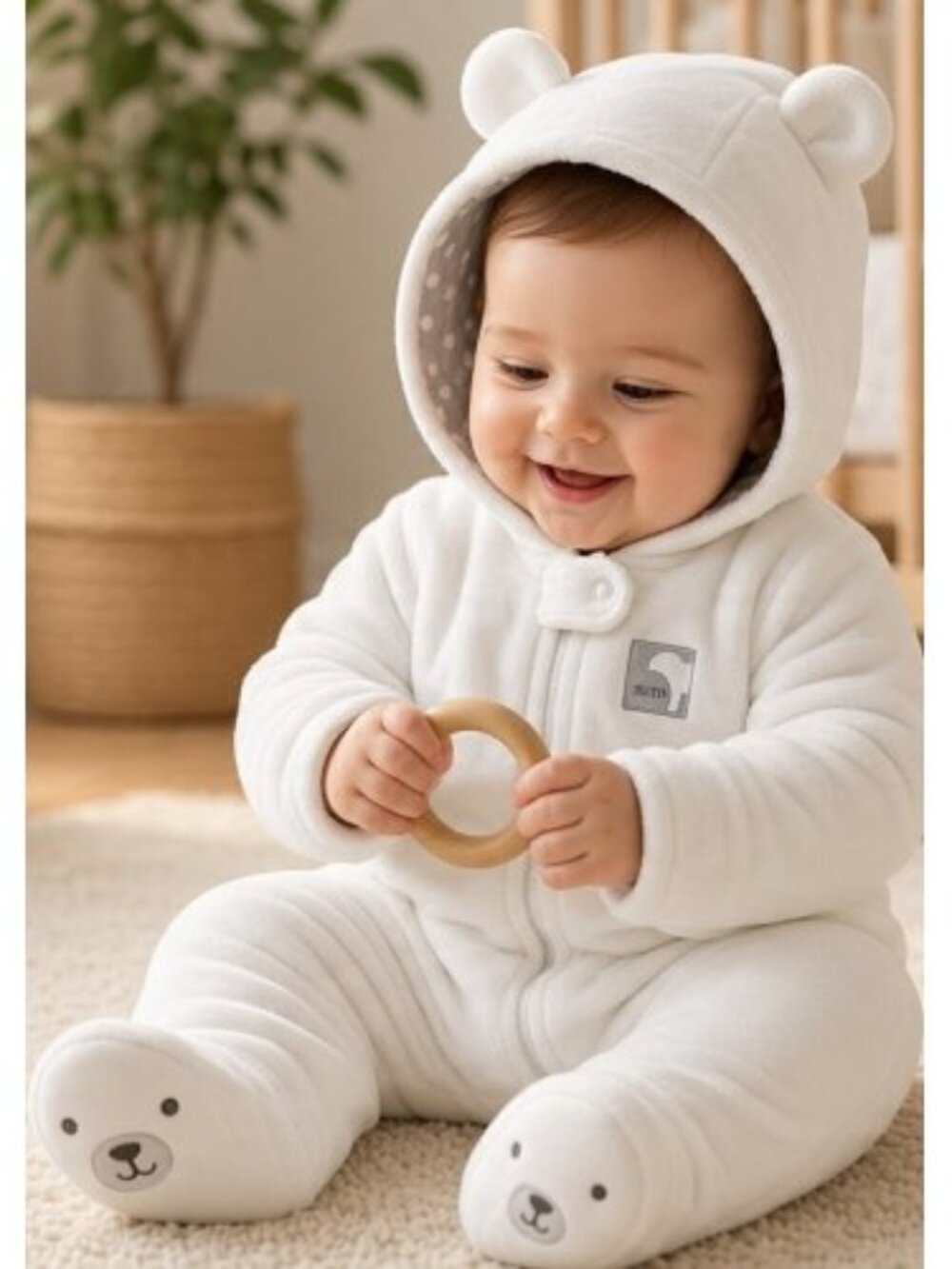 CARTER'S White Little Bear Hugs Plush Hooded Snowsuit Size 6-9 months